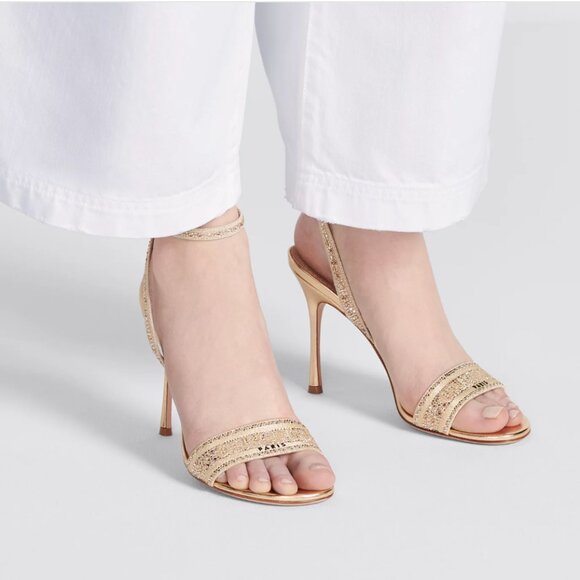 Dior Dway Heeled Sandal Gold-Tone Cotton Embroidered with Metallic Thread - Picture 2 of 15